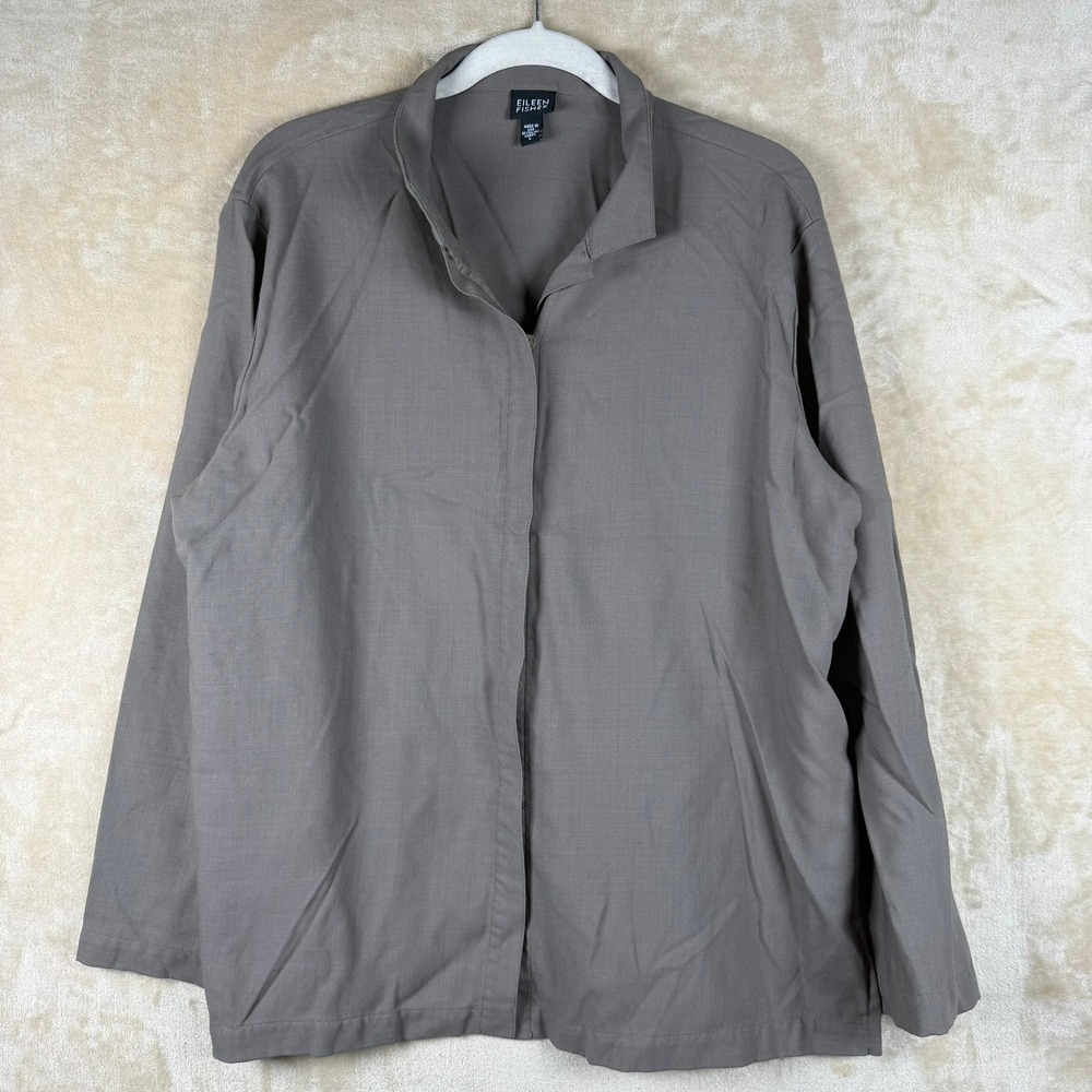 Eileen Fisher Womens Large Grey 100% Italian Wool Button Down Shirt Lagenlook